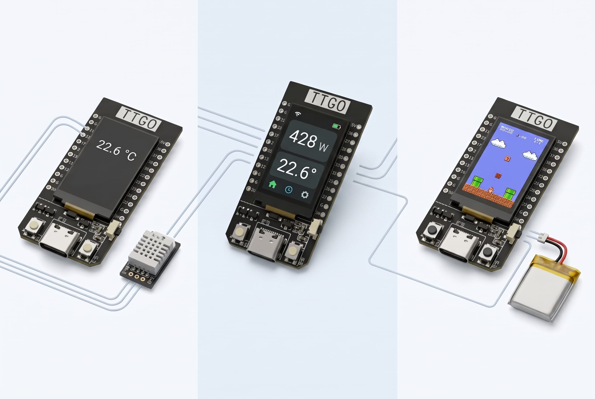 The same T-Display shown three times: wired to a temperature sensor and displaying 22.6 °C, acting as a smart-home panel showing 428 W and 22.6 degrees, and running a game with a Li-Po cell plugged into its battery socket.